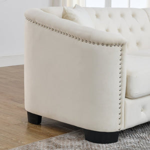 English Elm Velvet Chesterfield Sofa with Deep Tufting Brass Nailhead Trim and Plush Seat Cushions W834S00689