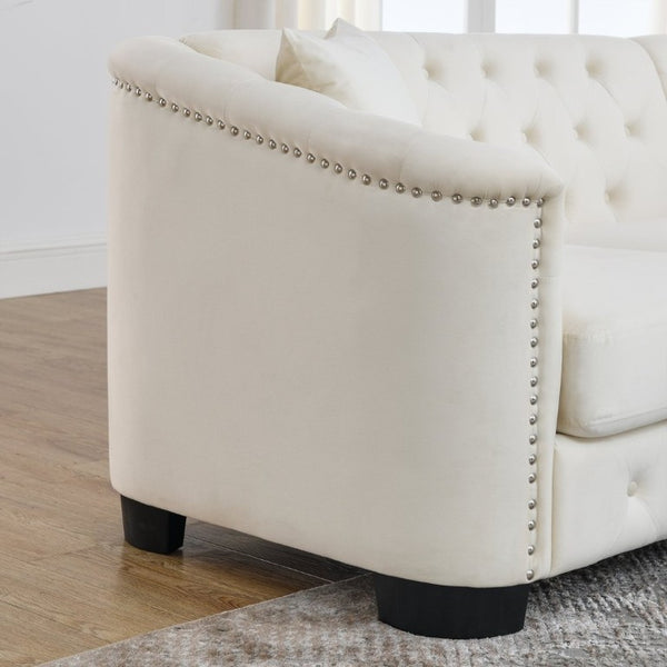 English Elm Velvet Chesterfield Sofa with Deep Tufting Brass Nailhead Trim and Plush Seat Cushions W834S00689