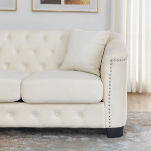 English Elm Velvet Chesterfield Sofa with Deep Tufting Brass Nailhead Trim and Plush Seat Cushions W834S00689