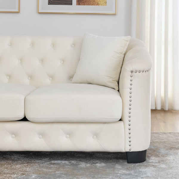 English Elm Velvet Chesterfield Sofa with Deep Tufting Brass Nailhead Trim and Plush Seat Cushions W834S00689