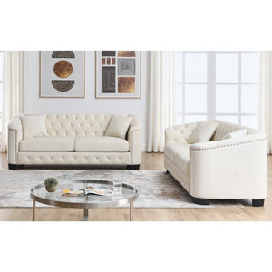 English Elm Velvet Chesterfield Sofa with Deep Tufting Brass Nailhead Trim and Plush Seat Cushions W834S00689