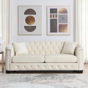English Elm Velvet Chesterfield Sofa with Deep Tufting Brass Nailhead Trim and Plush Seat Cushions W834S00689