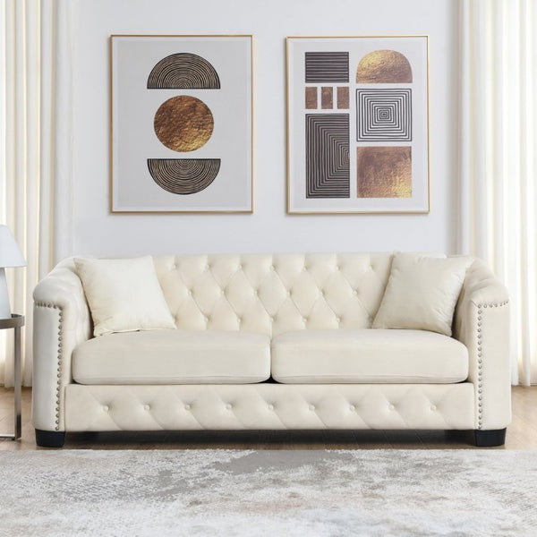 English Elm Velvet Chesterfield Sofa with Deep Tufting Brass Nailhead Trim and Plush Seat Cushions W834S00689