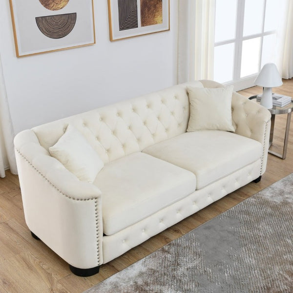 English Elm Velvet Chesterfield Sofa with Deep Tufting Brass Nailhead Trim and Plush Seat Cushions W834S00689