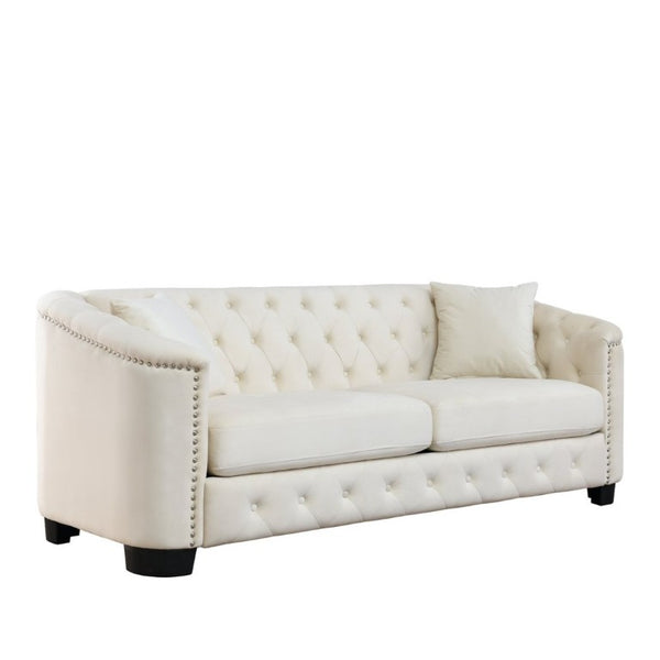 English Elm Velvet Chesterfield Sofa with Deep Tufting Brass Nailhead Trim and Plush Seat Cushions W834S00689