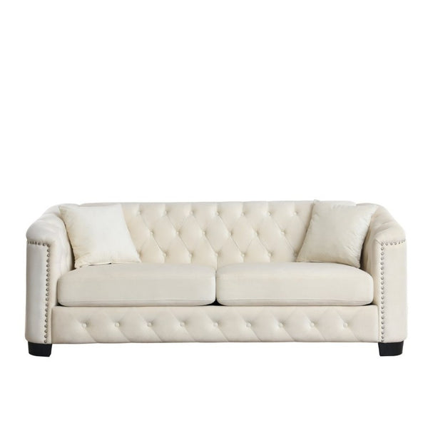 English Elm Velvet Chesterfield Sofa with Deep Tufting Brass Nailhead Trim and Plush Seat Cushions W834S00689