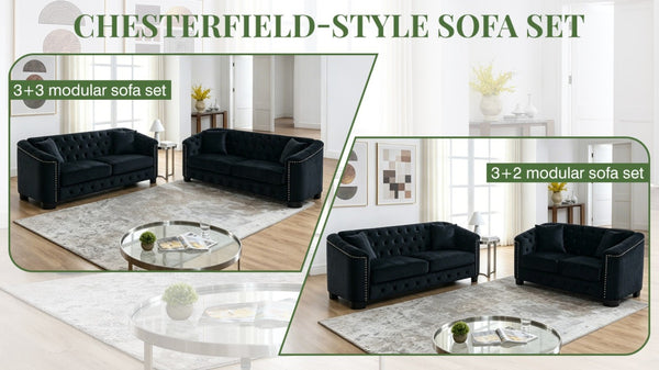 English Elm Velvet Chesterfield Sofa with Button Tufting Brass Nailhead Trim and Deep Foam Seating W834S00690