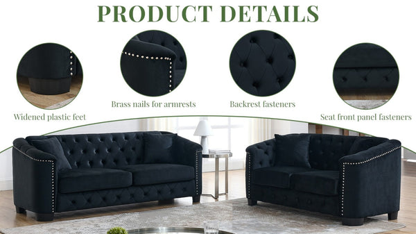 English Elm Velvet Chesterfield Sofa with Button Tufting Brass Nailhead Trim and Deep Foam Seating W834S00690