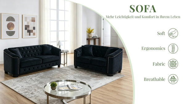 English Elm Velvet Chesterfield Sofa with Button Tufting Brass Nailhead Trim and Deep Foam Seating W834S00690