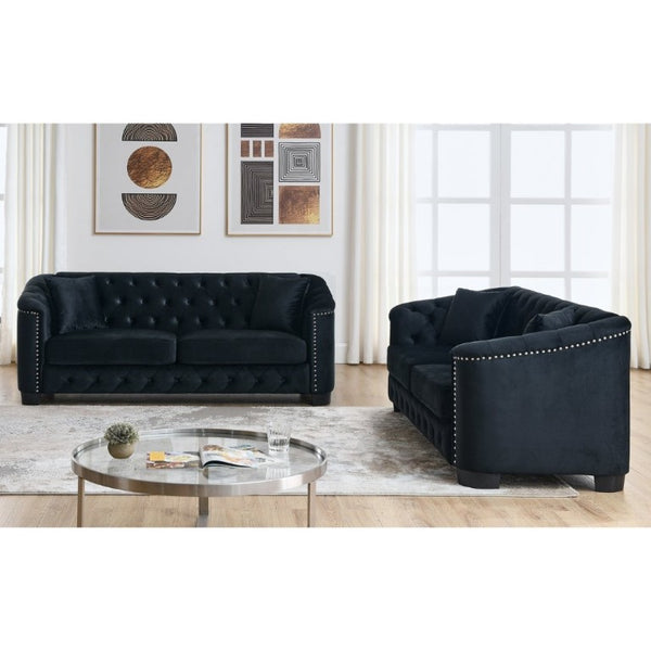 English Elm Velvet Chesterfield Sofa with Button Tufting Brass Nailhead Trim and Deep Foam Seating W834S00690