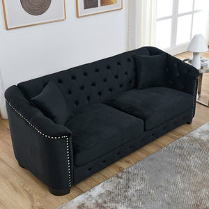 English Elm Velvet Chesterfield Sofa with Button Tufting Brass Nailhead Trim and Deep Foam Seating W834S00690