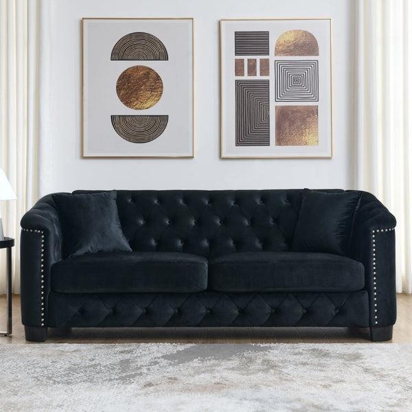 English Elm Velvet Chesterfield Sofa with Button Tufting Brass Nailhead Trim and Deep Foam Seating W834S00690