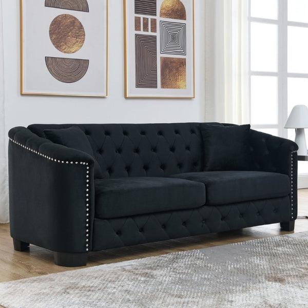 English Elm Velvet Chesterfield Sofa with Button Tufting Brass Nailhead Trim and Deep Foam Seating W834S00690
