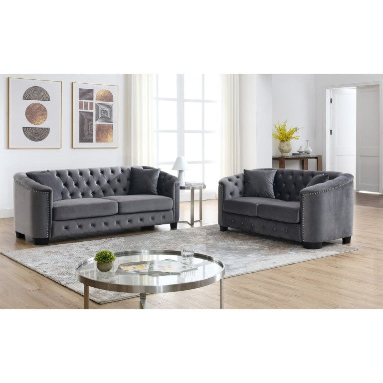 English Elm Velvet Chesterfield Sofa with Deep Button Tufting Brass Nailhead Trim and Throw Pillows W834S00691