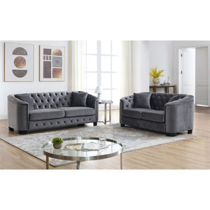 English Elm Velvet Chesterfield Sofa with Deep Button Tufting Brass Nailhead Trim and Throw Pillows W834S00691