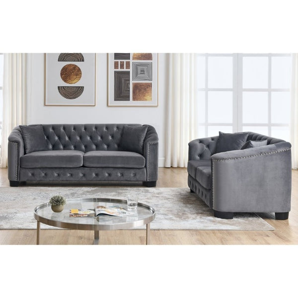 English Elm Velvet Chesterfield Sofa with Deep Button Tufting Brass Nailhead Trim and Throw Pillows W834S00691