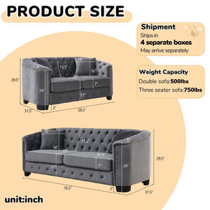 English Elm Velvet Chesterfield Sofa with Deep Button Tufting Brass Nailhead Trim and Throw Pillows W834S00691