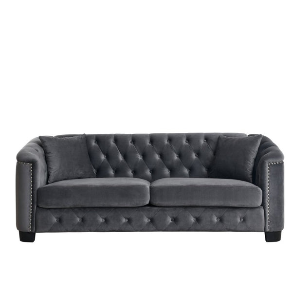 English Elm Velvet Chesterfield Sofa with Deep Button Tufting Brass Nailhead Trim and Throw Pillows W834S00691
