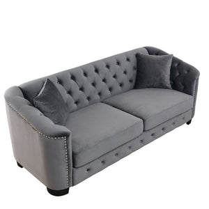 English Elm Velvet Chesterfield Sofa with Deep Button Tufting Brass Nailhead Trim and Throw Pillows W834S00691