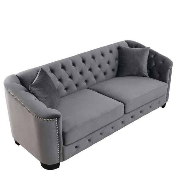 English Elm Velvet Chesterfield Sofa with Deep Button Tufting Brass Nailhead Trim and Throw Pillows W834S00691