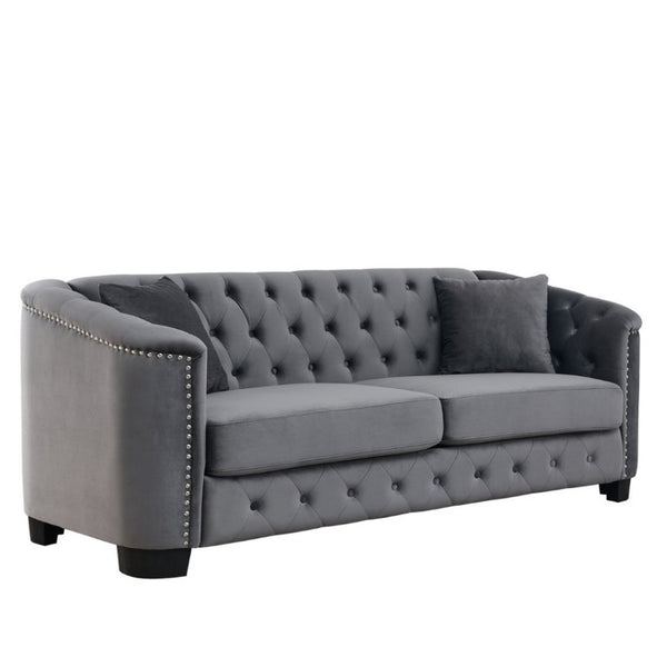 English Elm Velvet Chesterfield Sofa with Deep Button Tufting Brass Nailhead Trim and Throw Pillows W834S00691