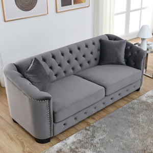 English Elm Velvet Chesterfield Sofa with Deep Button Tufting Brass Nailhead Trim and Throw Pillows W834S00691