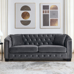 English Elm Velvet Chesterfield Sofa with Deep Button Tufting Brass Nailhead Trim and Throw Pillows W834S00691