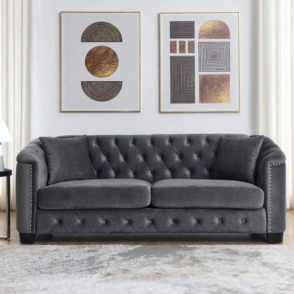 English Elm Velvet Chesterfield Sofa with Deep Button Tufting Brass Nailhead Trim and Throw Pillows W834S00691