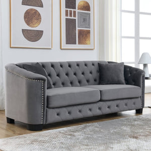 English Elm Velvet Chesterfield Sofa with Deep Button Tufting Brass Nailhead Trim and Throw Pillows W834S00691