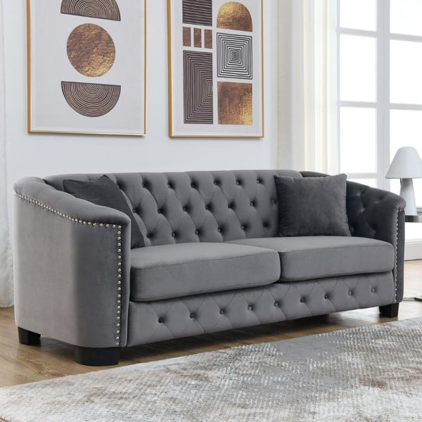 English Elm Velvet Chesterfield Sofa with Deep Button Tufting Brass Nailhead Trim and Throw Pillows W834S00691