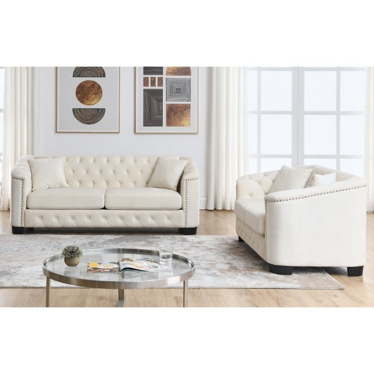 English Elm Velvet Chesterfield Sofa with Tufted Buttons Brass Nailhead Trim and Deep Foam Cushions W834S00692