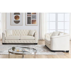 English Elm Velvet Chesterfield Sofa with Tufted Buttons Brass Nailhead Trim and Deep Foam Cushions W834S00692