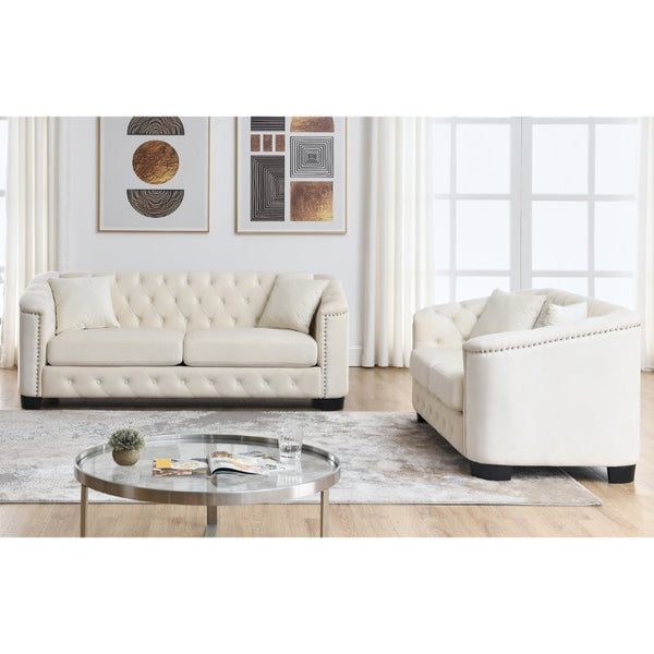 English Elm Velvet Chesterfield Sofa with Tufted Buttons Brass Nailhead Trim and Deep Foam Cushions W834S00692
