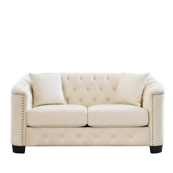 English Elm Velvet Chesterfield Sofa with Tufted Buttons Brass Nailhead Trim and Deep Foam Cushions W834S00692