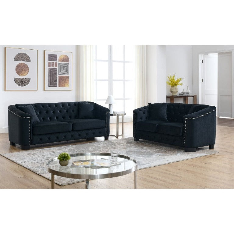 English Elm Velvet Chesterfield Tufted Three Seat Sofa with Brass Nailhead Trim and Throw Pillows W834S00693