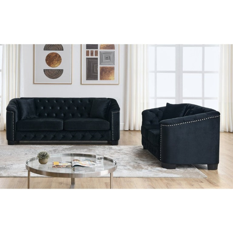 English Elm Velvet Chesterfield Tufted Three Seat Sofa with Brass Nailhead Trim and Throw Pillows W834S00693