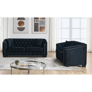 English Elm Velvet Chesterfield Tufted Three Seat Sofa with Brass Nailhead Trim and Throw Pillows W834S00693