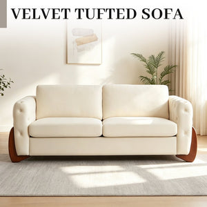 English Elm 84-Inch Velvet Tufted Sofa with Curved Rubberwood Legs and Classic Living Room Elegance W834S00694