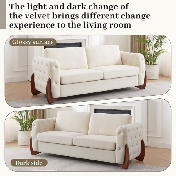 English Elm 84-Inch Velvet Tufted Sofa with Curved Rubberwood Legs and Classic Living Room Elegance W834S00694