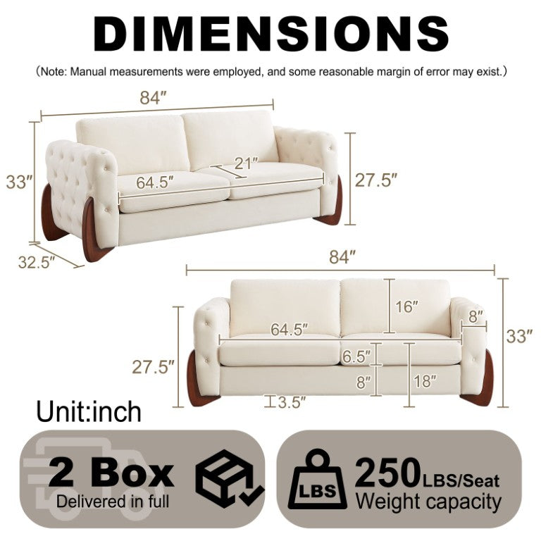 English Elm 84-Inch Velvet Tufted Sofa with Curved Rubberwood Legs and Classic Living Room Elegance W834S00694