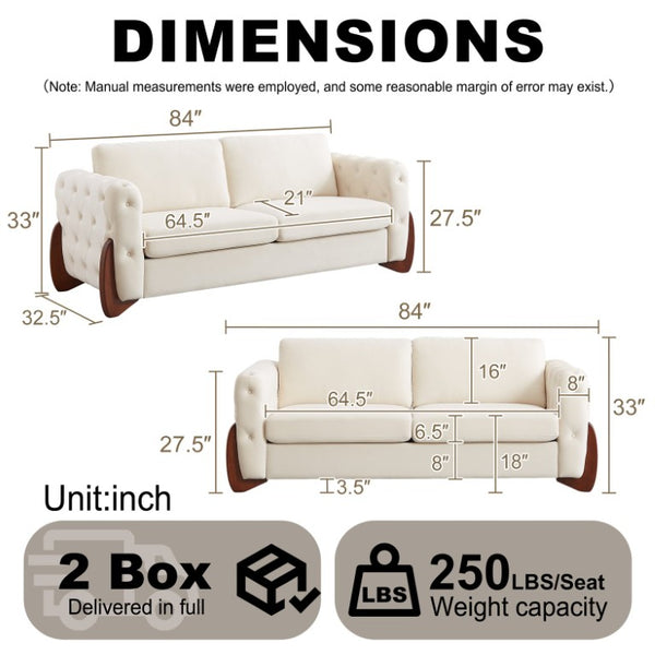 English Elm 84-Inch Velvet Tufted Sofa with Curved Rubberwood Legs and Classic Living Room Elegance W834S00694