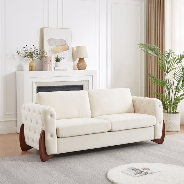 English Elm 84-Inch Velvet Tufted Sofa with Curved Rubberwood Legs and Classic Living Room Elegance W834S00694