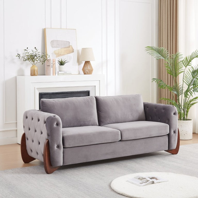 English Elm 84-Inch Button-Tufted Velvet Sofa Featuring Cat-Ear Rubberwood Legs for Stylish Living Rooms W834S00695