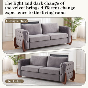 English Elm 84-Inch Button-Tufted Velvet Sofa Featuring Cat-Ear Rubberwood Legs for Stylish Living Rooms W834S00695