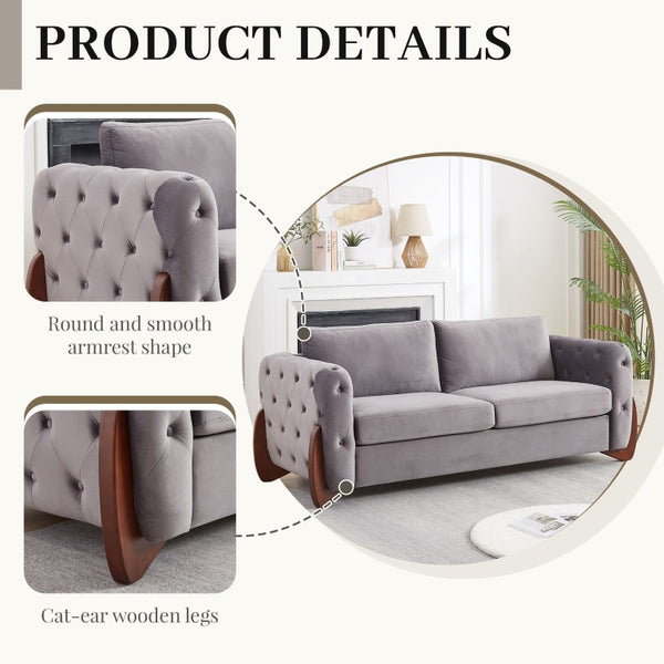 English Elm 84-Inch Button-Tufted Velvet Sofa Featuring Cat-Ear Rubberwood Legs for Stylish Living Rooms W834S00695