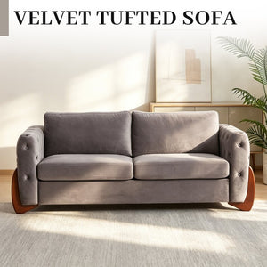 English Elm 84-Inch Button-Tufted Velvet Sofa Featuring Cat-Ear Rubberwood Legs for Stylish Living Rooms W834S00695