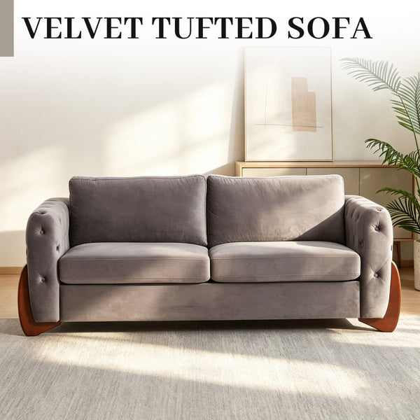 English Elm 84-Inch Button-Tufted Velvet Sofa Featuring Cat-Ear Rubberwood Legs for Stylish Living Rooms W834S00695
