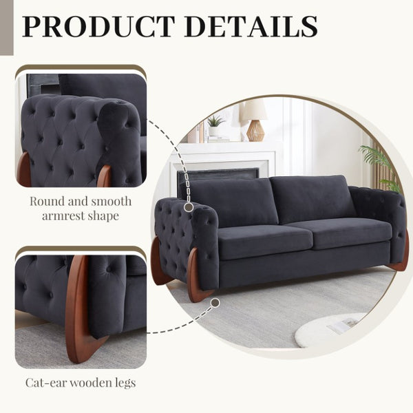 English Elm 84-Inch Velvet Tufted Sofa with Curved Rubberwood Legs and Classic Living Room Appeal 84 inches Black W834S00696