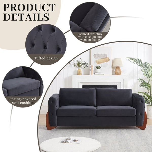 English Elm 84-Inch Velvet Tufted Sofa with Curved Rubberwood Legs and Classic Living Room Appeal 84 inches Black W834S00696