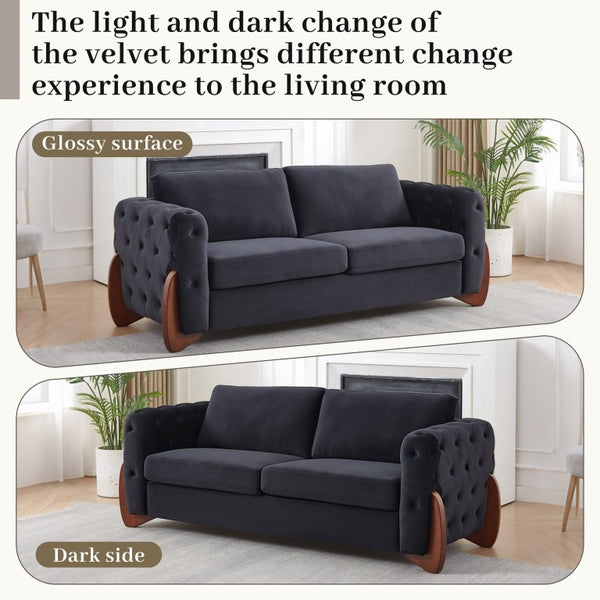 English Elm 84-Inch Velvet Tufted Sofa with Curved Rubberwood Legs and Classic Living Room Appeal 84 inches Black W834S00696